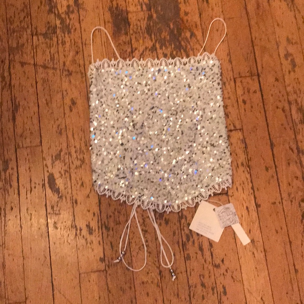 NWT Free People IXIAH Silver Sequin Top